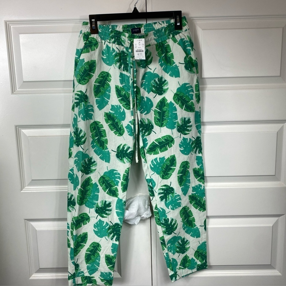 Linen J Crew  Blend Pants Floral Leaf Tropical 4 Green White JCrew J. Crew J.Cre